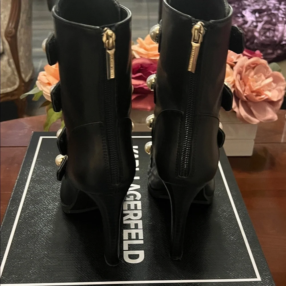 Karl Lagerfeld Black Heeled Boots with Pearl Accents - Picture 3 of 11